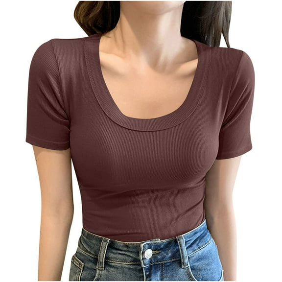 Rezuofi 1 Pcs Women Short Sleeve Tops Scoop Neck Ribbed Knit Slim Fitted Basic Tee Shirts 2025 Casual Summer Trendy Clothes