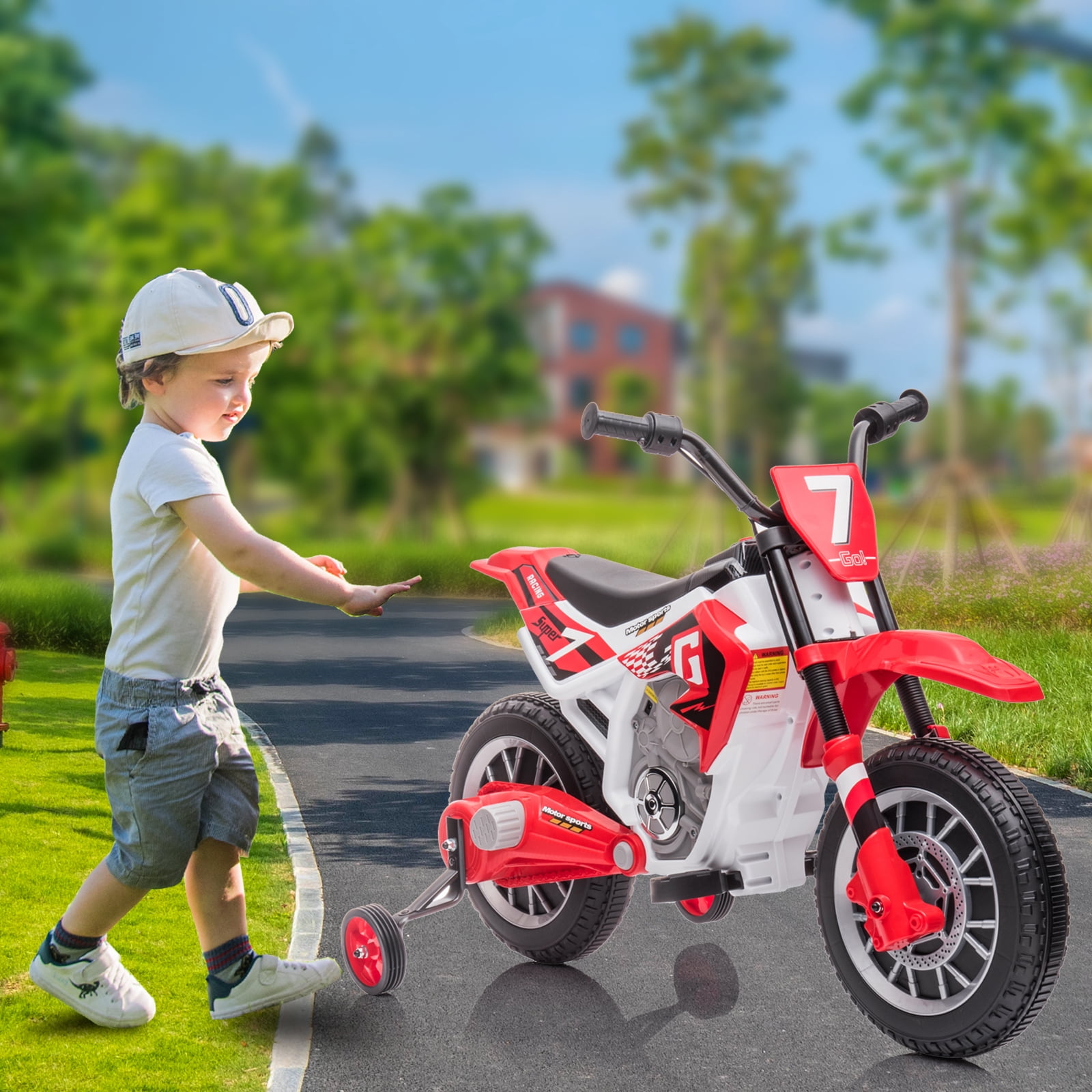 FINITO 12V Kids Ride on Motorcycle Battery Powered Car Toy with 2 Training Wheels Electric Motorbike Gift for Boys Girls Age 3+, Red
