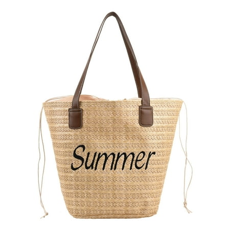Ladies Shoulder Bag Solid Colour Large Capacity Tote Bag Drawstring Straw Simple Casual Bag