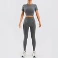 thumbnail image 2 of Seamless High Waist Yoga Set Built In Support Bra Top And Short Sleeve Athletic Fitness Outfit For Women, 2 of 4