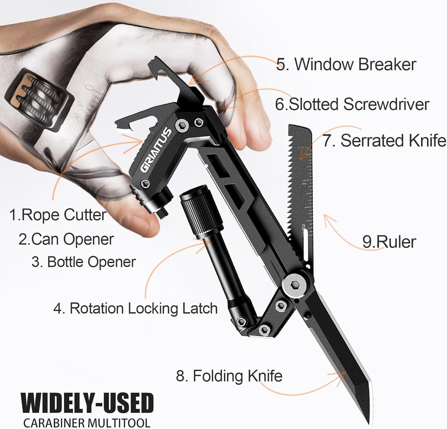 Carabiner Multitool 8-in-1 EDC Carabiners Pocket Knife, Serrated Rope Cutter, Screwdriver, Can Bottle Opener, Ruler, Survival Gear for Camping Climbing Hiking, Gifts Men ()