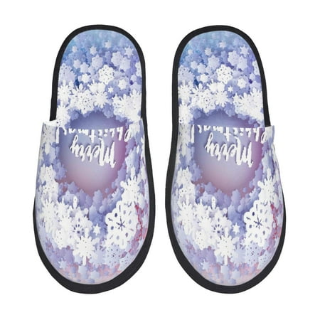 Balery Round Snow Merry Christmas Slient Indoor Furry Fleece Comfort House Shoes Soft Non-Slip Home Shoes Cotton slippers House Slippers-- Large