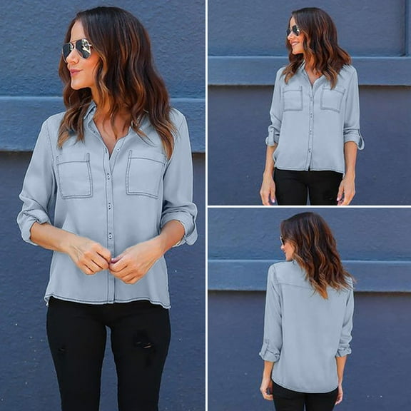 Frostluinai Jean Shirts for Women Denim Button Down Long Sleeve Jacket Coats Lapel Collar Solid Color Fall Denim Coats Vintage Shirt with Pocket