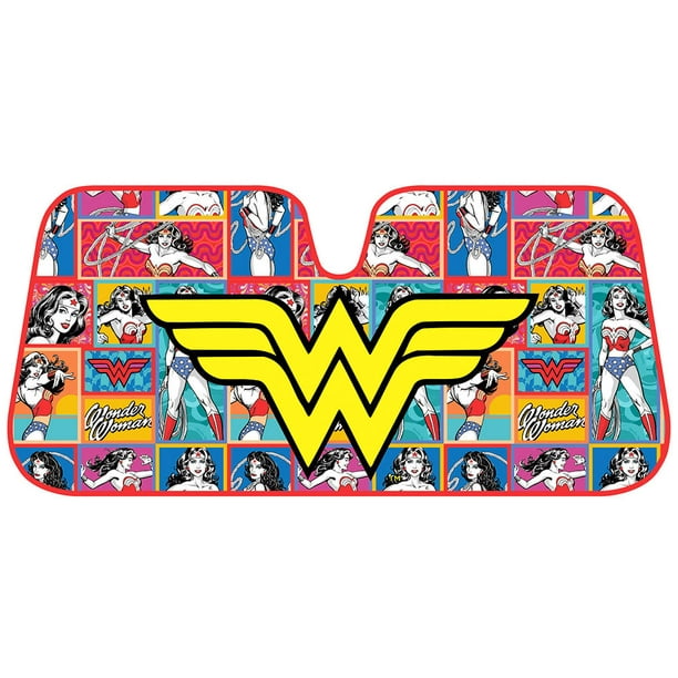 Wonder Woman Auto Sun Shade - Windshield Car Sunshade - Yellow Logo w/  Retro Cartoon Background 