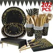 202pcs Eco-Friendly Disposable Black and Gold Paper Plates Cutlery Napkins Cups Tablecloth Banner Supplies Bulk, Non-Plastic Dinnerware Decorations for Party Wedding Birthday Dinner Dessert (25 Guest)