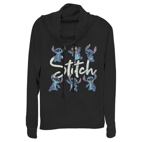 Junior's Lilo & Stitch Distressed Poses Cowl Neck Sweatshirt Black Small