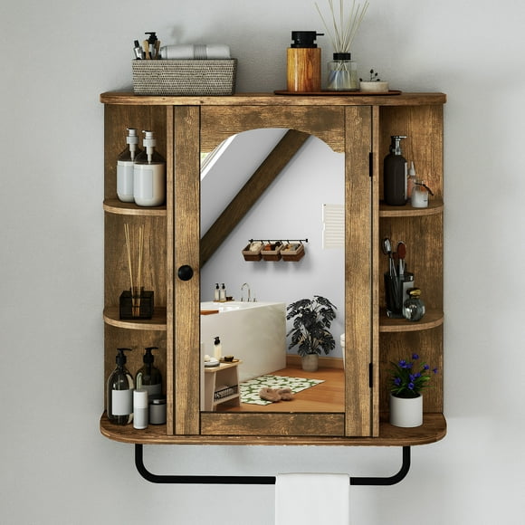 DEXTRUS Armoire à Pharmacie Murale de 26 Pouces, avec Miroir et Porte-Serviettes, Armoire de Salle de Bain en Bois de 26 Pouces, Organisateur de Rangement, Tablettes Ajustables, 2 Espaces Cachés pour Appartement, pour la Maison et la Salle de Bain, Brun