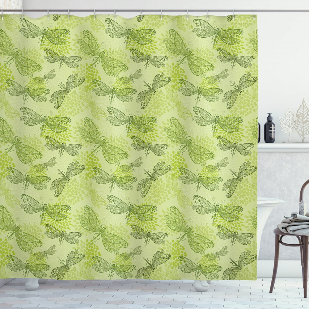 Dragonfly Shower Curtain, Sketchy Butterfly Like Bugs with Floral Ivy
