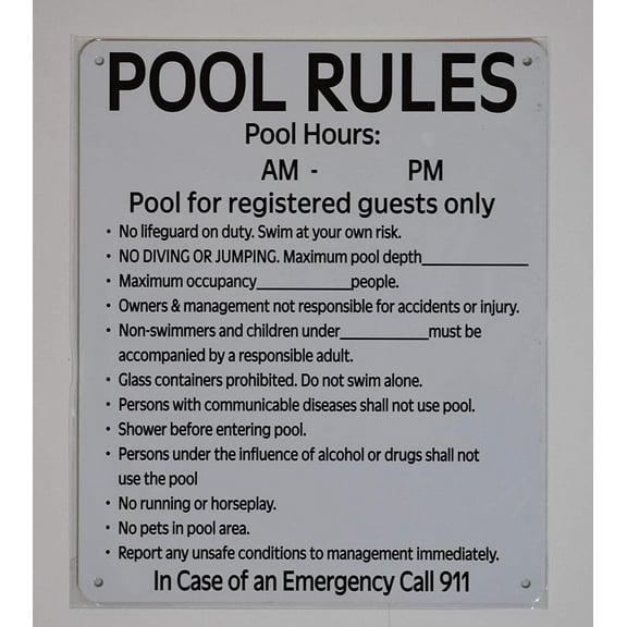 Pool Rules and Pool Hours Sign (White, Rust Free Aluminium 10x12, with Symbol)