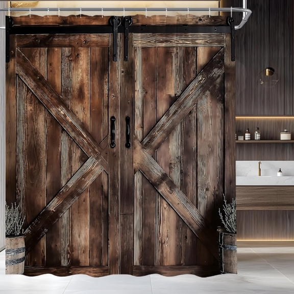 Rustic Barn Door Shower Curtain Farmhouse Vintage Country Wood Board Fabric Bathroom Decor Set with Hooks-48"W x 72"L (Pack of 1)