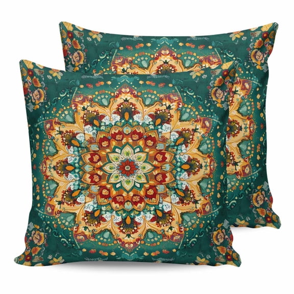26x26 Pillow Covers Set of 2, Boho Flower Throw Pillow Covers Decorative Couch Cushion Case, Yellow Green Bohemian Colorful Medallion Microfiber Square Pillowcases for Bedroom Car Living Room