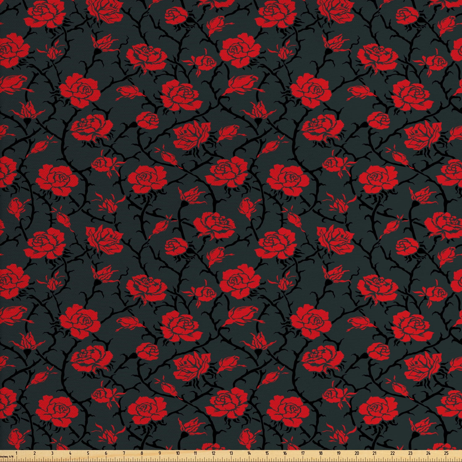 red-and-black-fabric-by-the-yard-rose-swirls-ivy-plants-dark