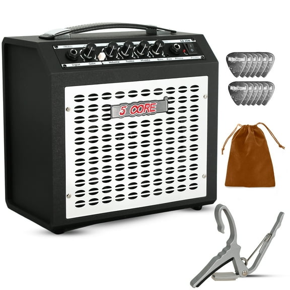 5 Core Guitar Amp 20 Watt Electric Amplifier w Built in 6.5" Speaker Aux Headphone Jack Portable Mini Practice Amps w Gain Bass Treble Volume and Middle Black and White - GA 20W BLK-WH