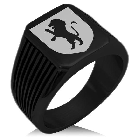 Stainless Steel Lion Courage Coat of Arms Shield Needle Stripe Pattern Biker Style Polished Ring