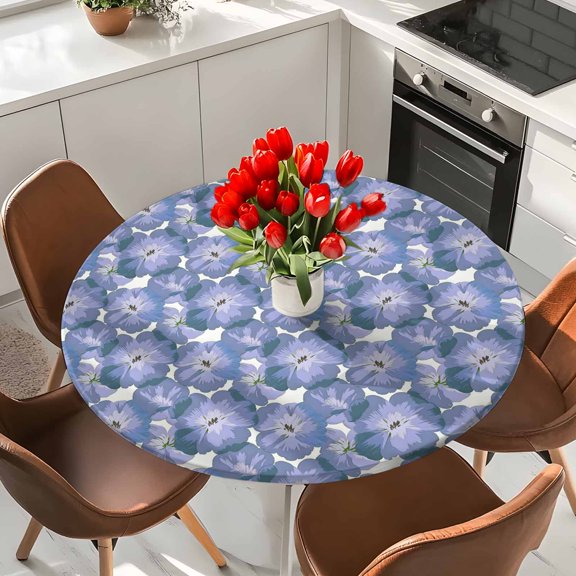 Vintage Floral Elastic Fitted Round Tablecloth Blue Purple Waterproof Outdoor Table Cover for Holiday Party, Picnic, Patio & Dining Fits Tables Up to 36"-44"