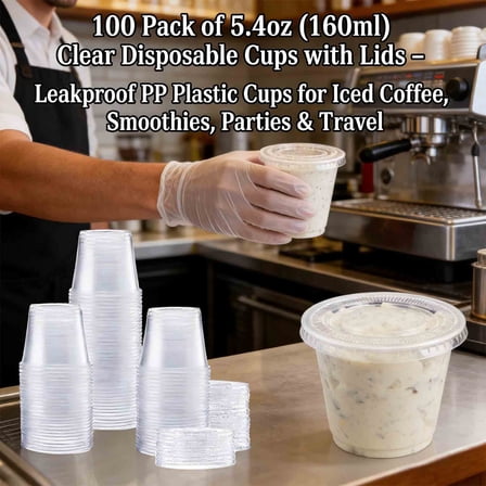 100 Pack of 5.4oz Clear Disposable Cups with Lids – Leakproof PP Plastic Cups for Iced Coffee, Smoothies, Parties & Travel