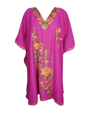 Mogul Womens Pink Kaftan Dress Floral Embellished Bikini Cover Up Resort Wear Caftan One Size