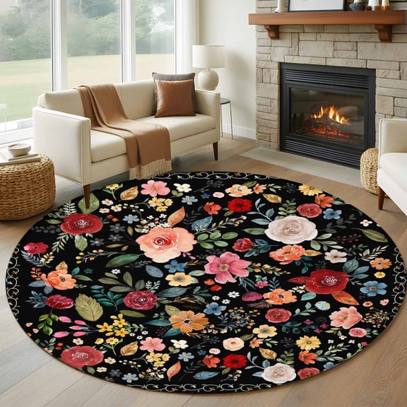 Round Rugs 6 Ft, Watercolor Flowers Non Slip Area Rugs for Kitchen Bedroom Entryway, Farmhouse Floral Vintage Black Washable Carpet Runner Rug Floor Mats for Bedroom Home Decor