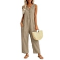 thumbnail image 4 of Womens cotton linen Jumpsuits One Piece Overalls Button Down Sleeveless Wide Legs Rompers Solid Color Casual Daily Jumpsuits with Pockets, 4 of 8