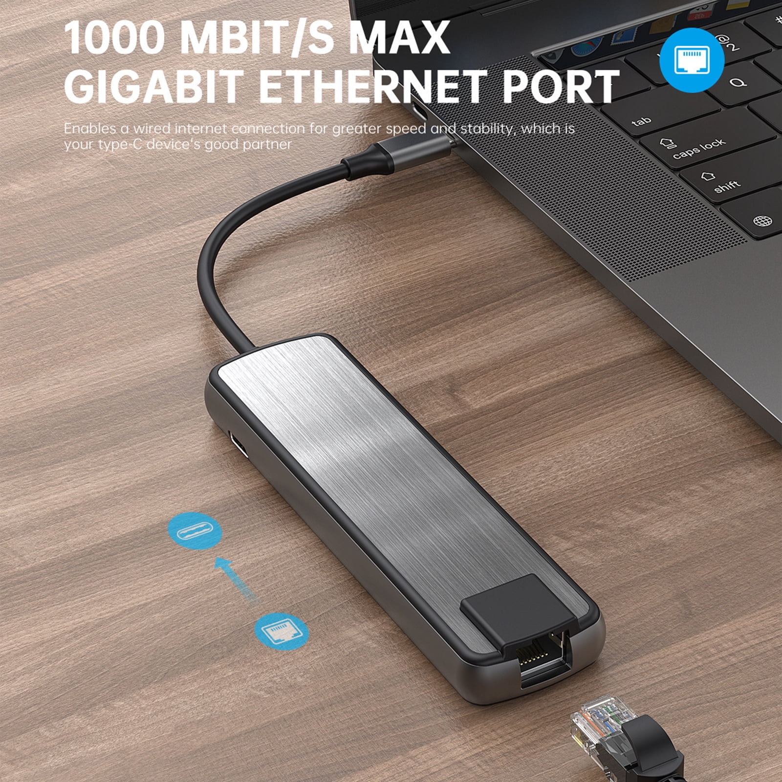 USB C Docking Station 6 in 1 Auminum USB C to USB3.0 PD60W Gigabits Ethernet Port 3x USB3.0 Adapter for Laptops