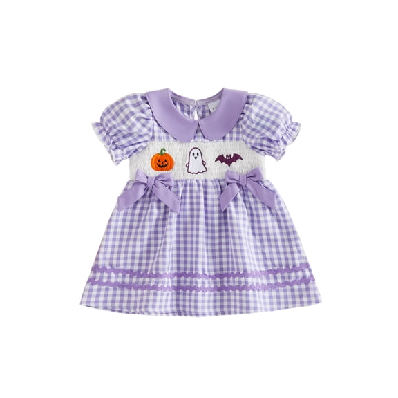 RUINIXCW Toddler Baby Girl Halloween Dress Outfit Infant Baby Girl Summer Fall Plaid Gingham Dress Outfit Pumpkin Ghost Bat Embroidery Puff Short Sleeve Doll Collar Holiday Dress