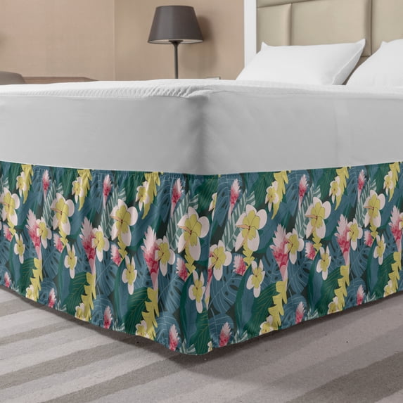 Tropical Bed Skirt, Jungle Blossoms Monstera Hibiscus Essence Rainforest, Elastic Bedskirt Dust Ruffle Wrap Around for Bedding Decor, 4 Sizes, Slate Blue Multicolor, by Ambesonne