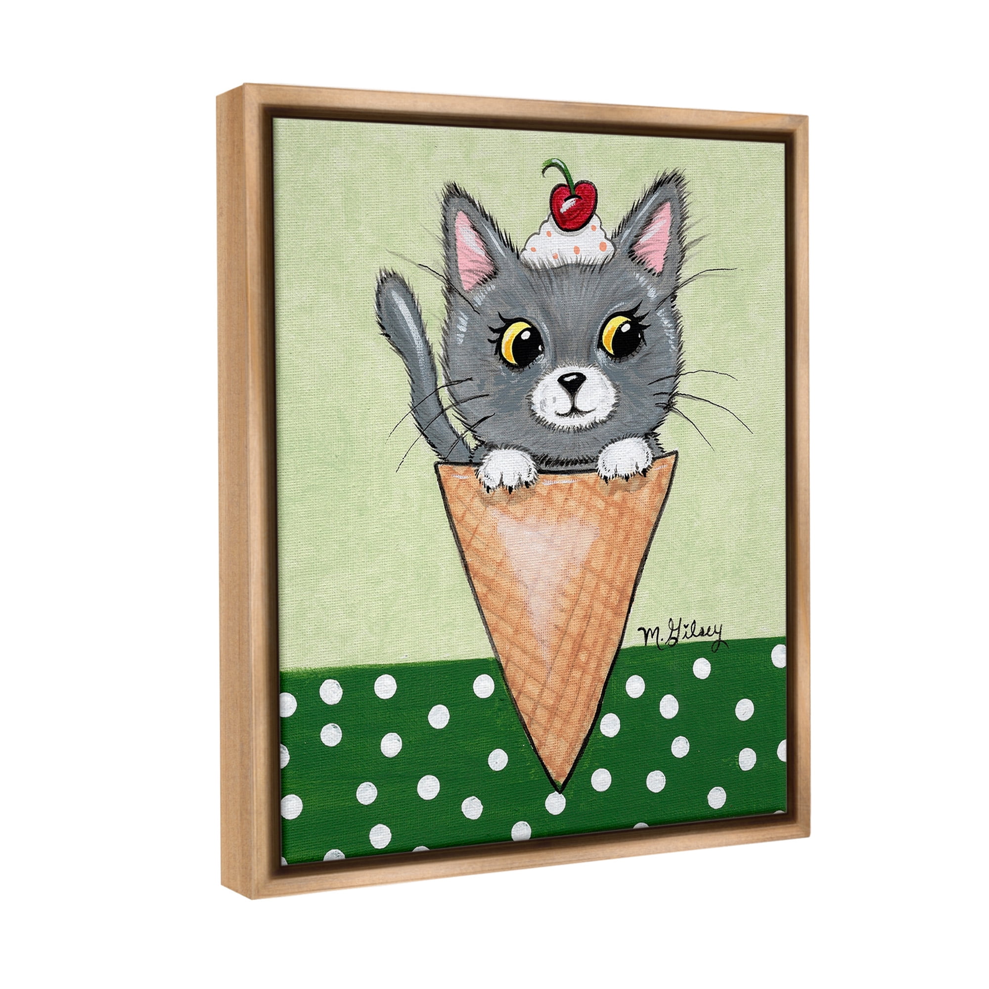 Stupell Industries Cat in Ice Cream Cone Animals & Insects Painting Brown Floater Framed Canvas Art Print Wall Art, 17 x 21
