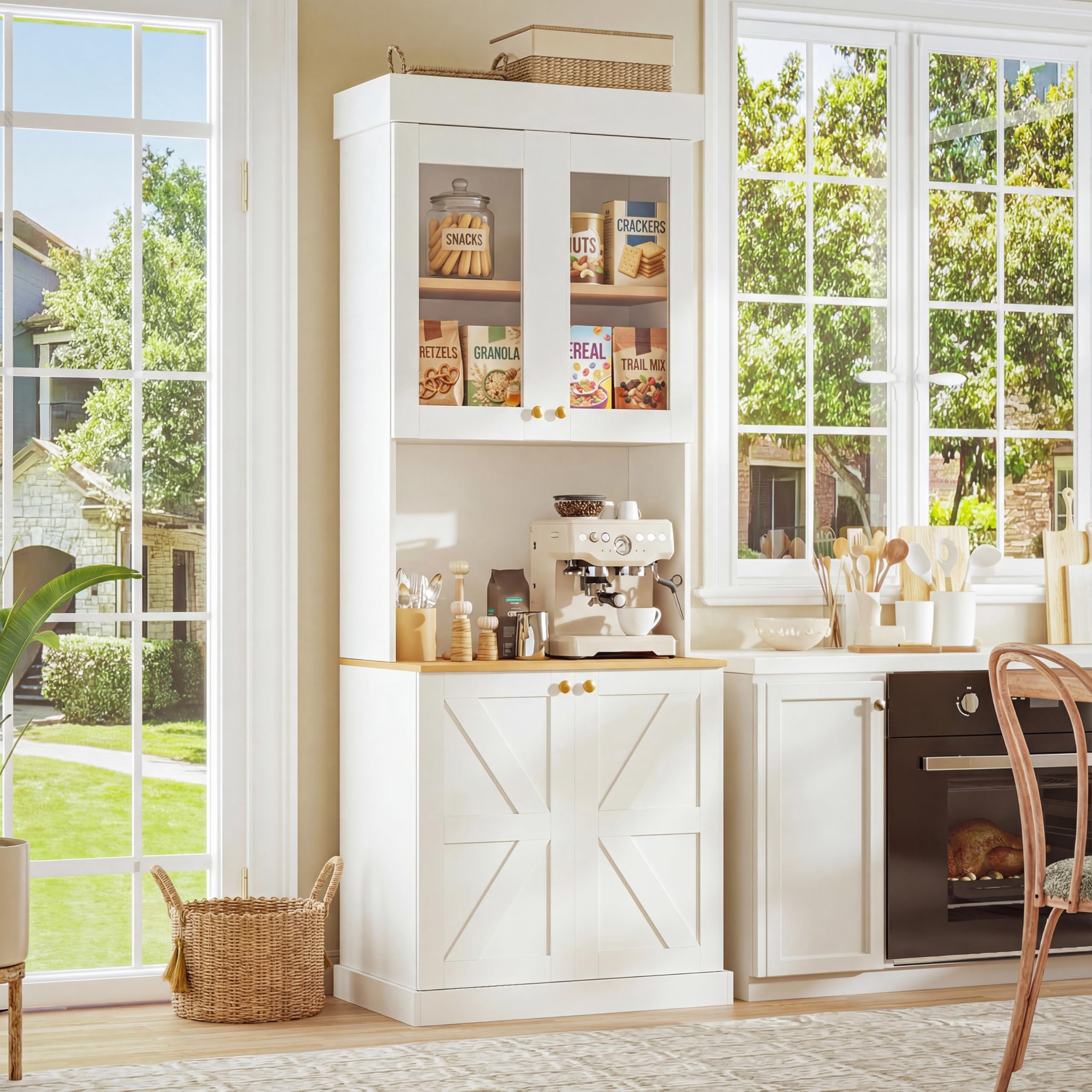 Sunix Farmhouse Kitchen Pantry Cabinet Freestanding Storage Hutch with Glass Doors, Drawers, Microwave Stand, 71 Inch, Set of 2