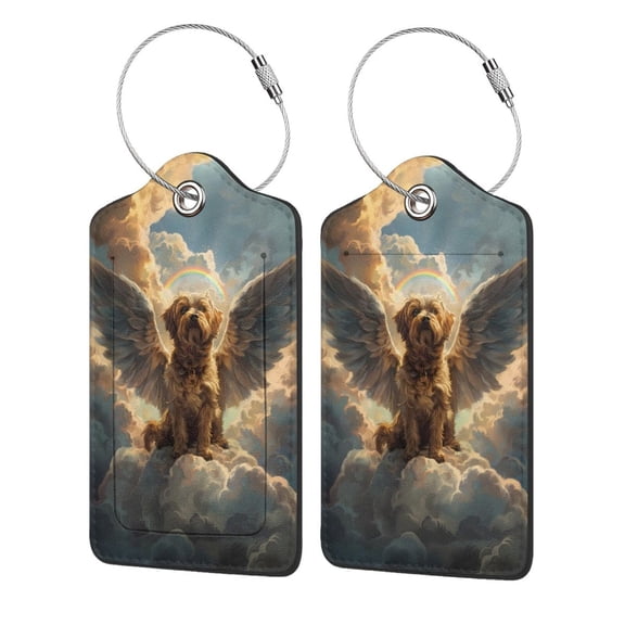 Hirioo Cloud Rainbow Winged Dog Print Leather Luggage Tag with Stainless Steel Loop ,Privacy Flap and Address Card for Travel Bag Suitcase-4 PCS