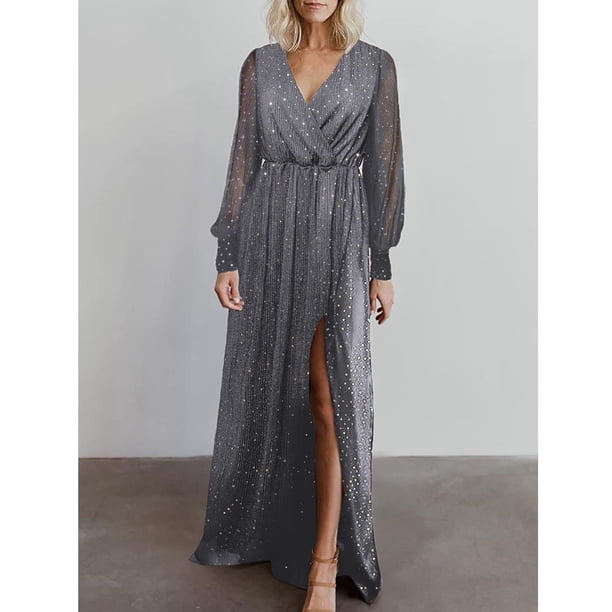 Vestido De Manga Larga Para Mujer, Vestido Largo Ajustado Con Lentejuelas Brillantes, Cuello En V, Abertura Lateral Cómoda Para Baile De Graduación Para Dama Para Aniversario Mgaxyff Otros