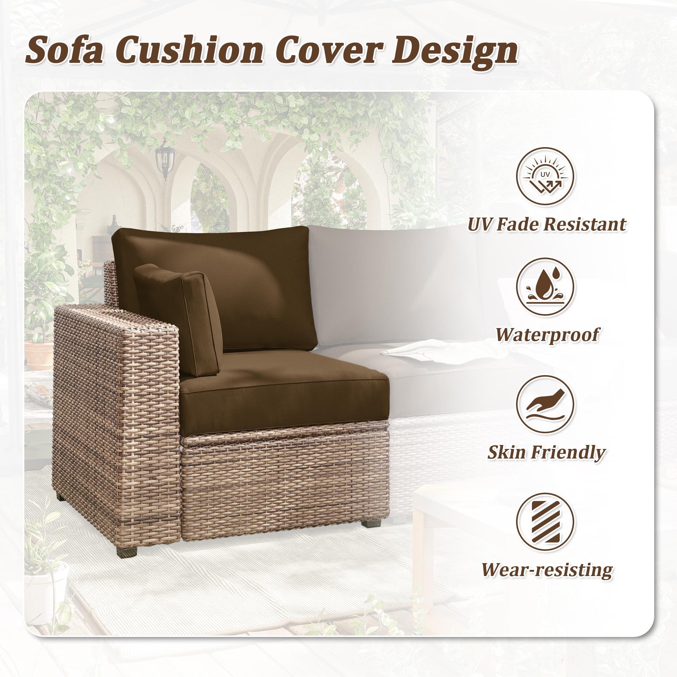 Pakunoda Outdoor Cushions Replacement, 8 Piece Sectional Cushion Fits 3-Seat, 4” Foam Deep Seat, for Patio Rattan Wicker Replacement Cushion, Liner&Cover, Chocolate
