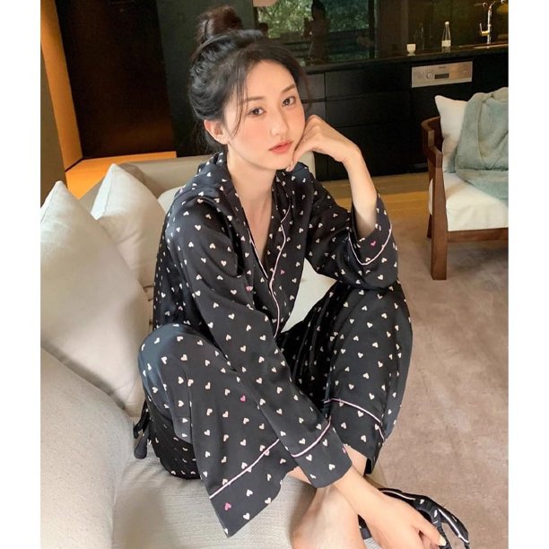 Pijama de manga larga para mujer, cárdigan de primavera y verano, de seda helada, para niñas, ropa de casa cómoda y de ocio, pijamas de satén de seda para mujer