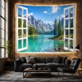 thumbnail image 5 of Open Window Framing Alpine Lake with Pine Forest in Valleys, Serene Boho for Nature Lovers, Scenic Mountain Wall Art, Housewarming Gift Tapestry Wall Hanging for Bedroom and Living Room, 5 of 6
