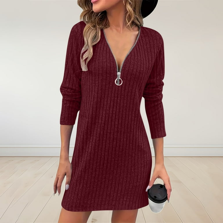 Fancifize Womens V Neck Dress Long Sleeve Zip Up Tunic Dress Soft Ribbed  Knit Outfits Fall Fashion Casual Clothes - Walmart.com