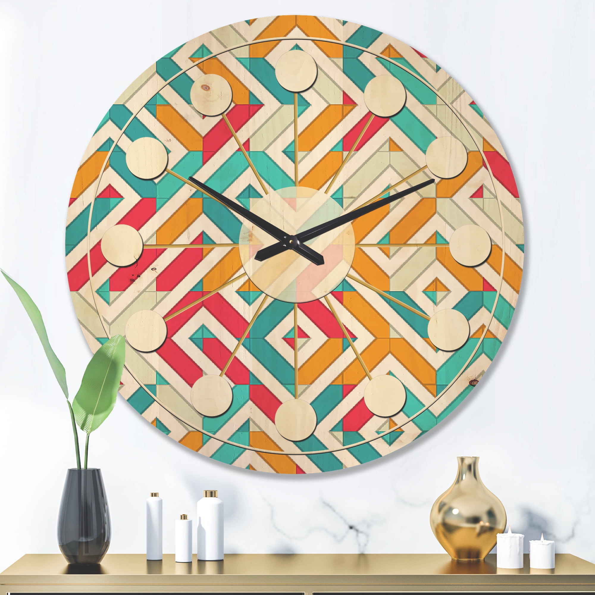 Designart 'Abstract Retro Geometry Pattern I' Mid-Century Modern Wood Wall Clock