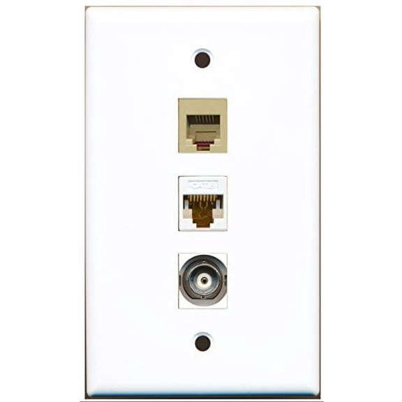 RiteAV - 1 Port Phone RJ11 RJ12 Beige and 1 Port BNC and 1 Port Cat6 Ethernet White Wall Plate