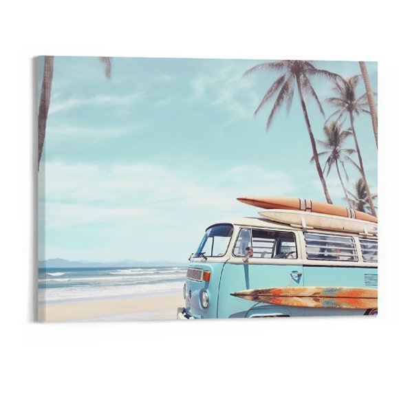 ONETECH Ocean Coastal Canvas Wall Art: Beach Tropical Palm Tree Picture Prints Cute Vintage Van Bus Surfboard Theme Artwork Landscape Seascape for Living Room Bedroom