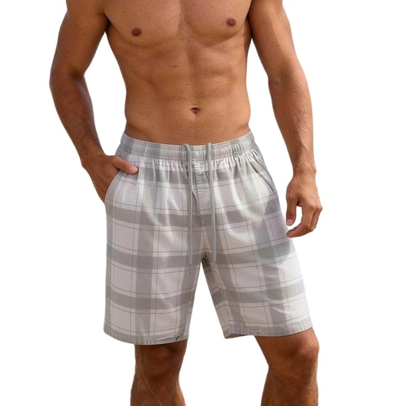 Yievot Cotton Shorts for Men Drawstring Elastic Waist Plaid Shorts Summer Travel Vacation Shorts