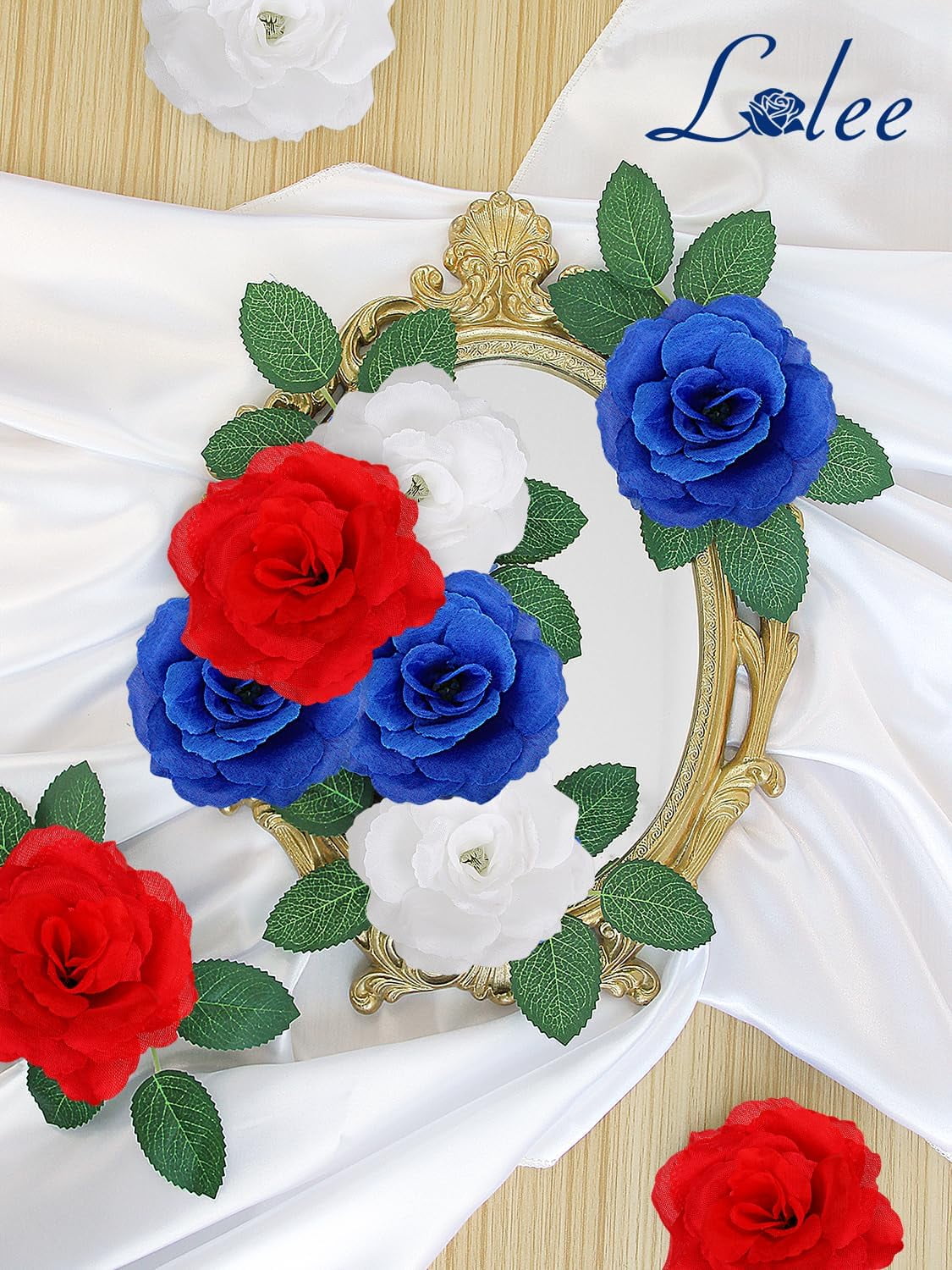 108pcs Roses Head Flowers with Stem - Red Blue White Artificial Flowers Rose Bulk - Silk Rose Fake Flower Arrangement for Patriotic Memorial Bouquet Grave Centerpieces 4th of July Veterans Party Deco