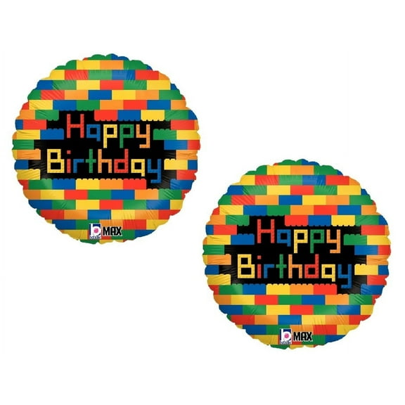 Happy Birthday Brite Bright Colored Exploding Building Blocks Party (2) TWO 18 Inch Foil Mylar Balloons
