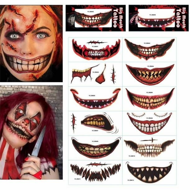 Xihbxyly Pegatinas de Maquillaje de Halloween, Diseño Realista de Payaso de Terror, Tatuajes Temporales Extraíbles, Fácil Aplicación, Accesorio para Fiesta de Disfraces, Material Duradero y Seguro, J