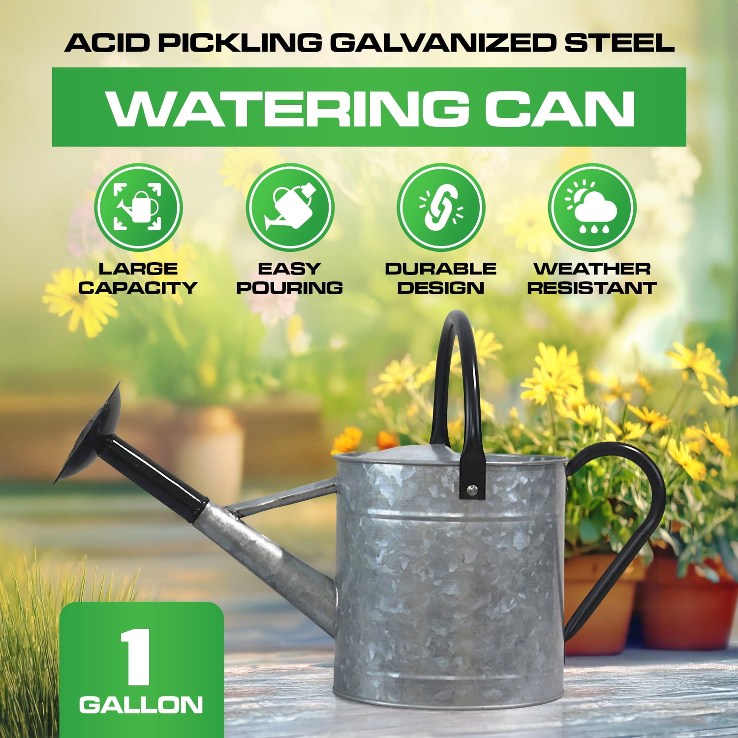 Plexon 1 Gallon Metal Watering Can Outdoor, Flower Plant Gardening Garden Large Galvanized Watering Can Pot Pitcher, Steel Black Handles and Removable Spray Spout, Silver