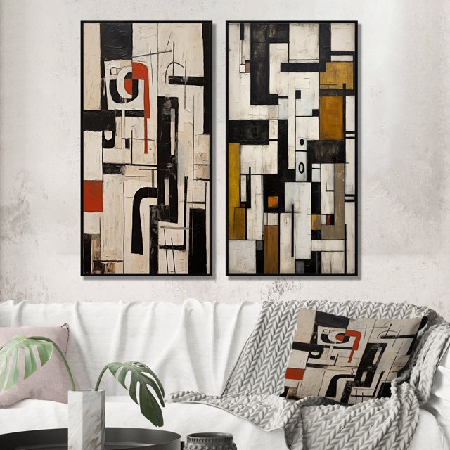 Designart "Urban Passion Abstract Expression I" Art Mural Géométrique Moderne Ensemble de 2 - Toile Encadrée Noire Moderne pour Décoration de Salon