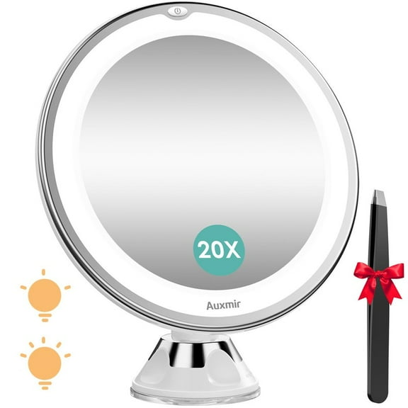 2025 Upgraded 20X Magnifying Mirror with Light, Makeup Mirror with 2-Level Lights, Vanity Mirror with Power Suction Cup and Tweezers, 360° Swivel, Portable Bathroom Mirror for Home Travel