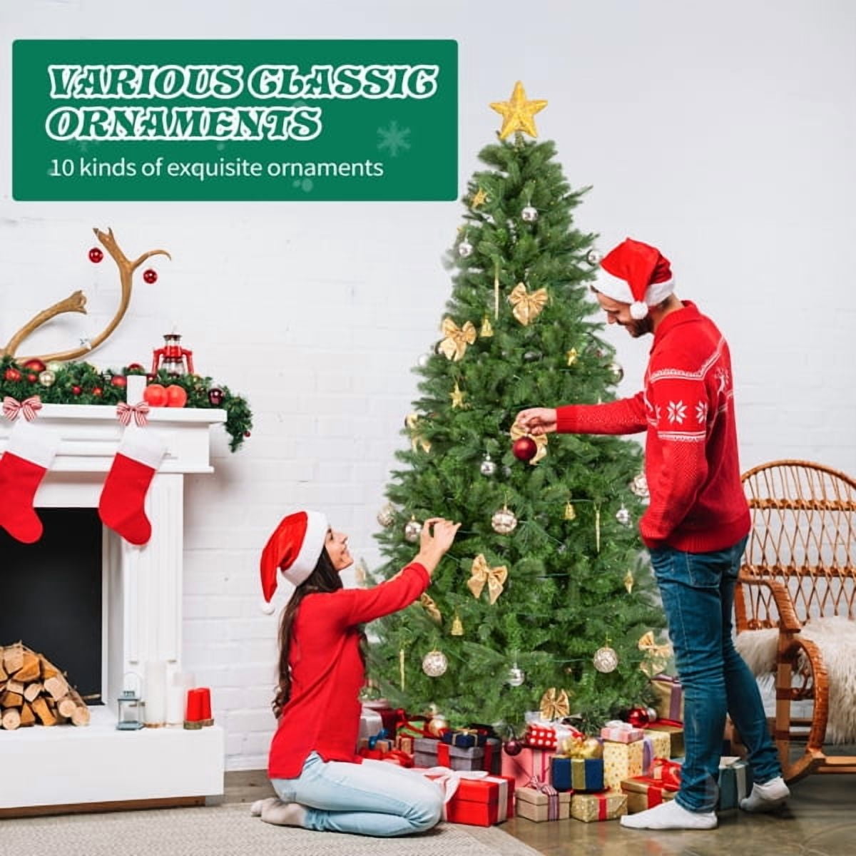 7.5FT Pre-Lit Christmas Tree - 950 Branch Tips 400 Warm White LEDs Golden Ornaments + Tree Skirt Included for Home/Office