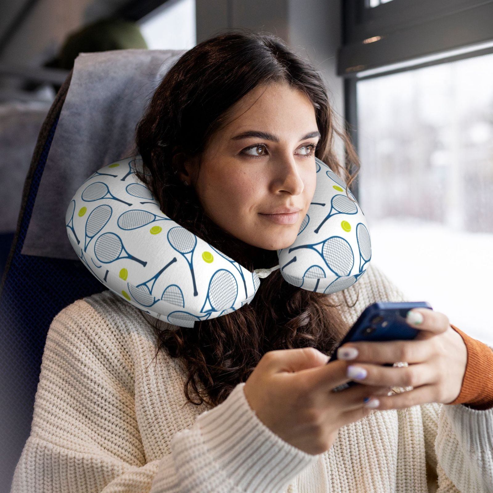 Xecao Tennis Rackets And Balls Print Memory Foam Cervical Neck Pillow Versatile U-Shaped Pillows for Home,Office,Camping,Travelling,Soft Washable Cover