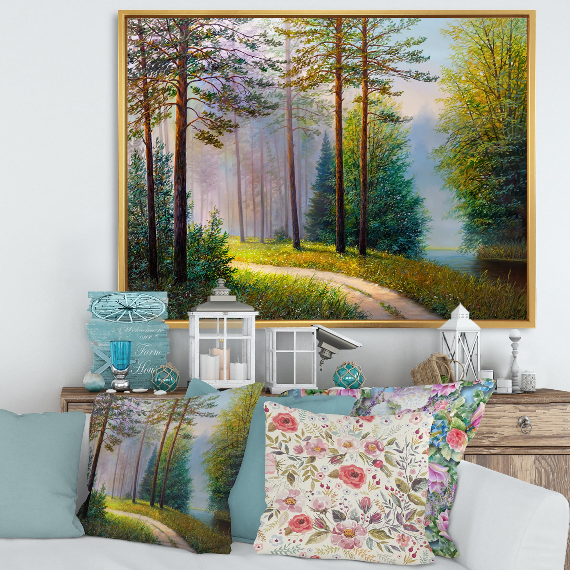 Designart 'Subtle Sunset Light Through The Trees II' Lake House Framed Canvas Wall Art Print