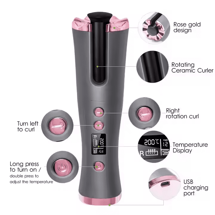 2025 latest Portable Wireless USB Curling Iron - 6 Adjustable LCD Settings, Automatic Ceramic Hair Curler with Rechargeable Battery for Home Use