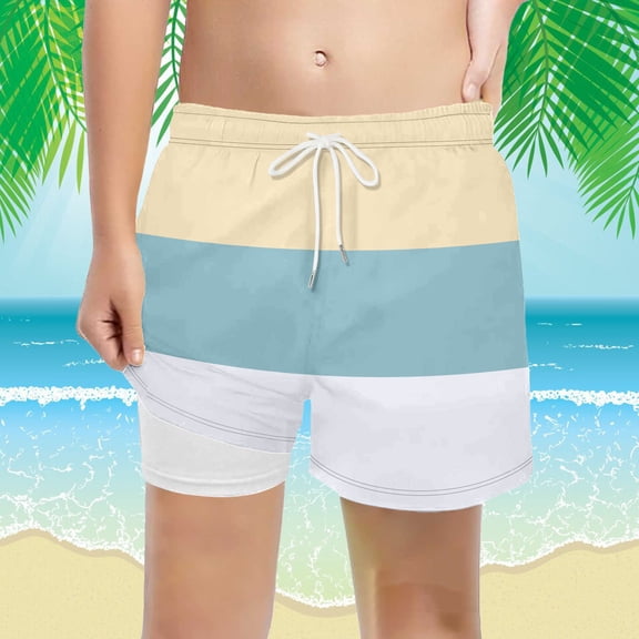 FASHOFT Boys Swim Trunks with Mesh Liner Color Block Comfortable Swimming Shorts Stretchy Quick Dry Kids Board Shorts Beige