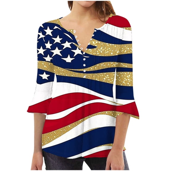 Kezqiaxn 4Th Of July Dressy Tops for Women Plus Size Fashion 3/4 Sleeve V-Neck Ruched Shirts Blouses Summer Travel Clothes 2026